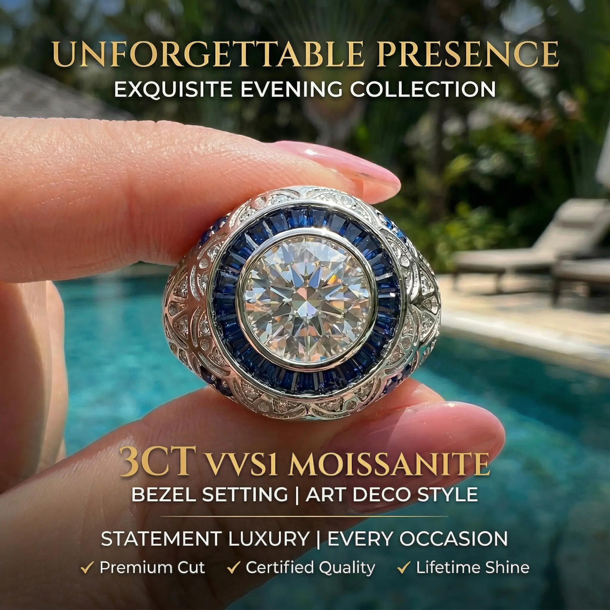 Women's 3-Carat VVS1 Moissanite Ring - S925 Coating, Art Deco 4-Prong Design, Luxe Shine Large Crystal, Unisex Fit, Daily Wear Jewelry, Christmas, Birthday, Anniversary Gift