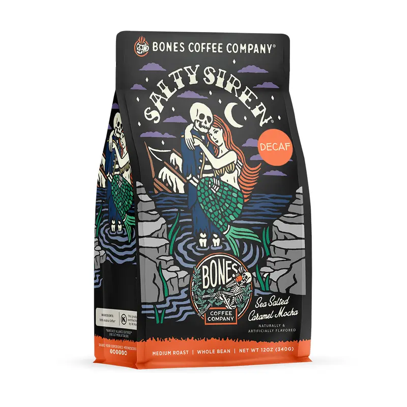 Bones Coffee Company Decaf Salty Siren, Sea Salted Caramel Mocha Flavor, Made with Arabica Coffee Beans, Ground and Whole Coffee (12oz) Beverage Roast