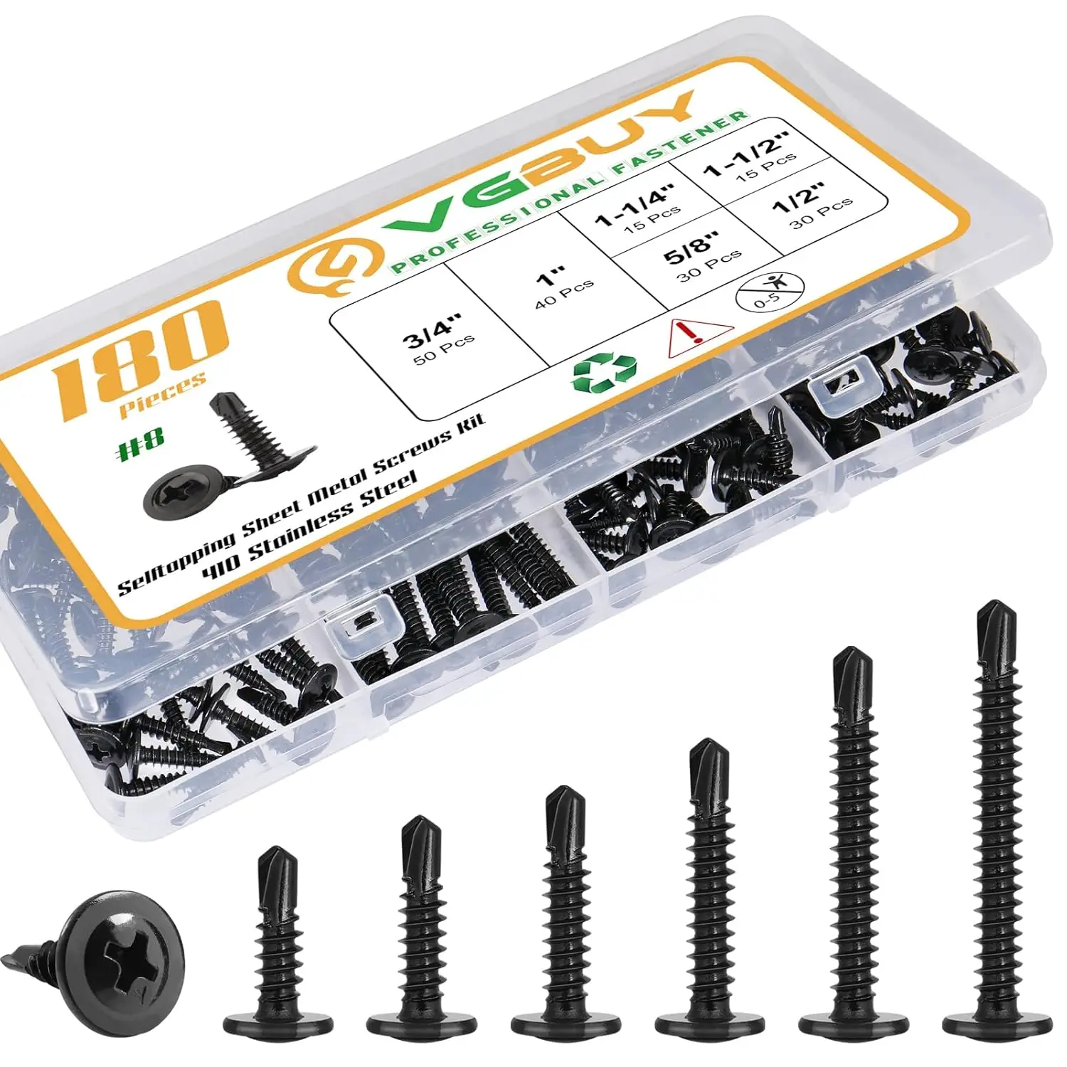 180 count #8 Sheet Metal Screws Assortment Kit,410 Stainless Steel Self Tapping Screws for Metal,Self Drilling Screws Black Zinc Plated,6 Sizes (1/2",5/8",3/4",1",1-1/4",1-1/2")  Truss