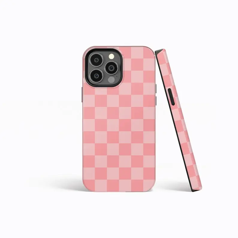 Matte Pink Checkered Double-Layer Polycarbonate Shockproof Phone Case - Contemporary Phone Accessory for iPhone 17,16,15,14,13,12,11 Pro Max & Samsung Galaxy S25, Customized for Smartphone Users