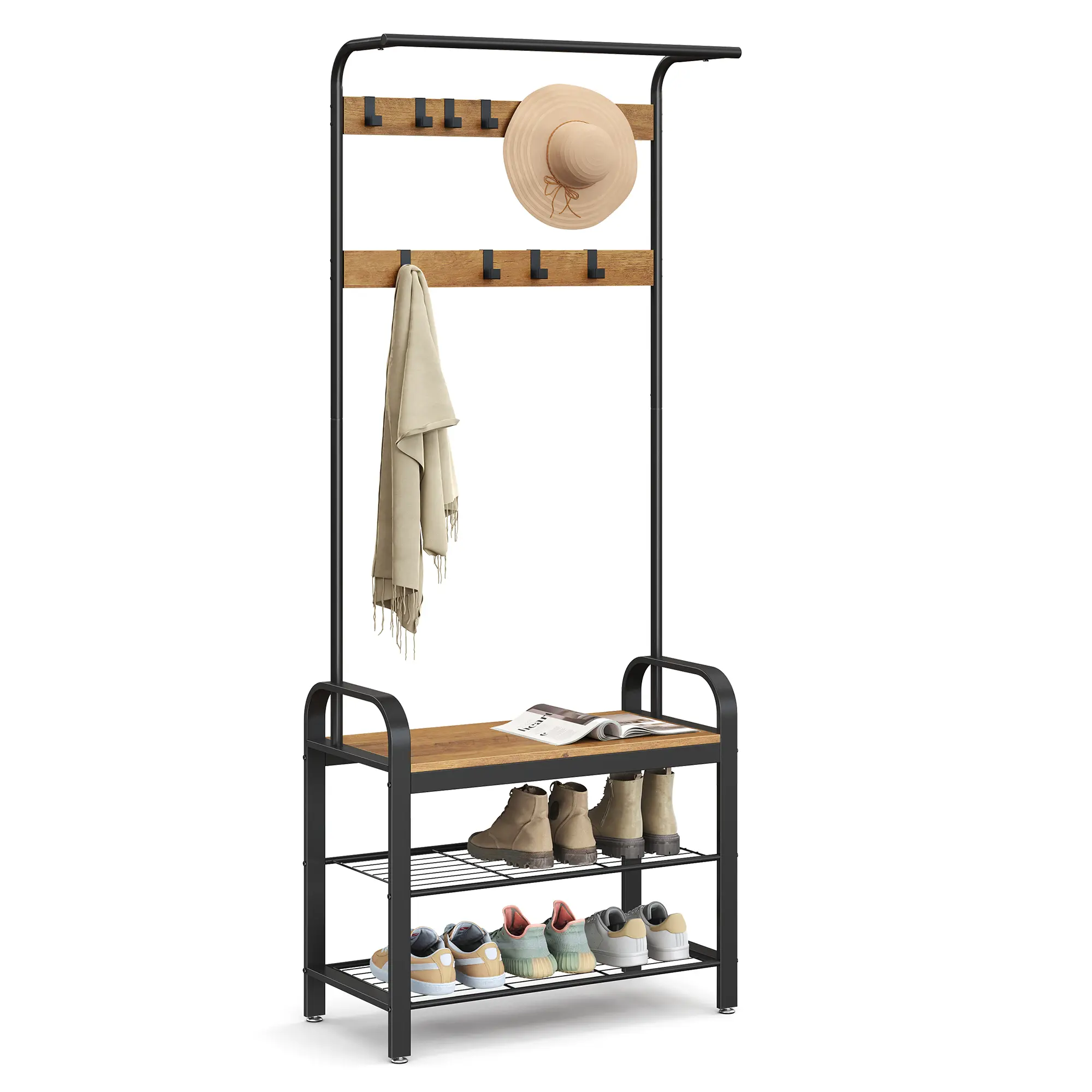 VASAGLE 4-in-1 Freestanding Coat Rack - Entryway Hanger Stand, Multifunctional Shoe and Coat Rack with Bench, 9 Removable Hooks, Hanging Rod, 13.3x28.3x72.1in, Coat Rack Freestanding