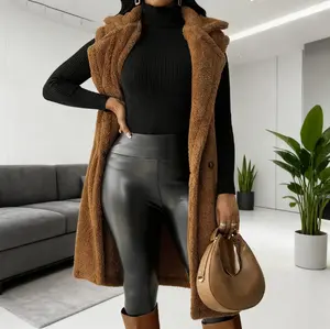 Women's Teddy Fleece Sleeveless Long Vest Warm Sherpa Outerwear for Winter Open Front Button Closure Casual Coat Womenswear