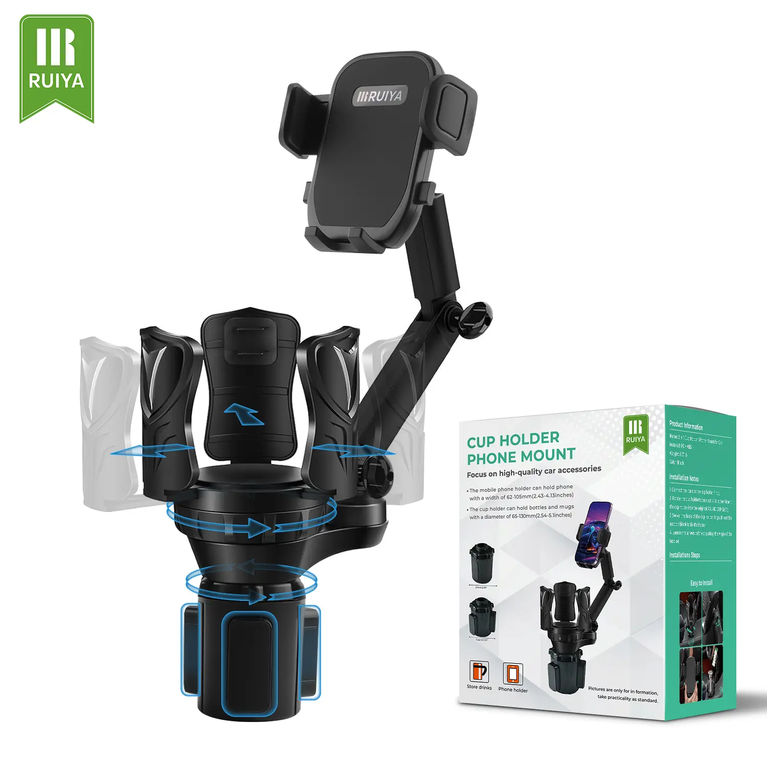 RUIYA Multifunctional Cell Phone Car Mount - Car Cup Holders Accessory, Fits Most Bottles, 360° Rotation, Secure for Smartphones, Tablets & Foldable Phones, Maximizes Drink Storage，for Cars Treadmills Sofas