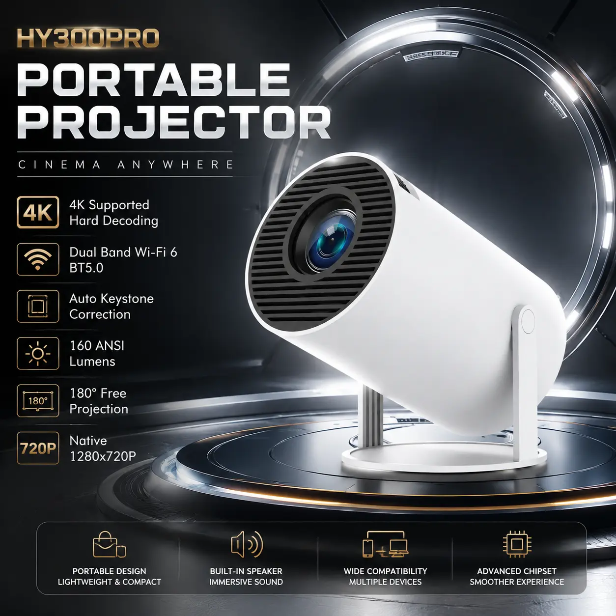 【BackToSchool】Mini Smart Projector 4K Supported, Portable 200 ANSI Home Theater Projector with Auto Keystone, WiFi 5G/2.4G & Bluetooth 5.0,for Valentine’s Day Gift Android Audio Cable Connection