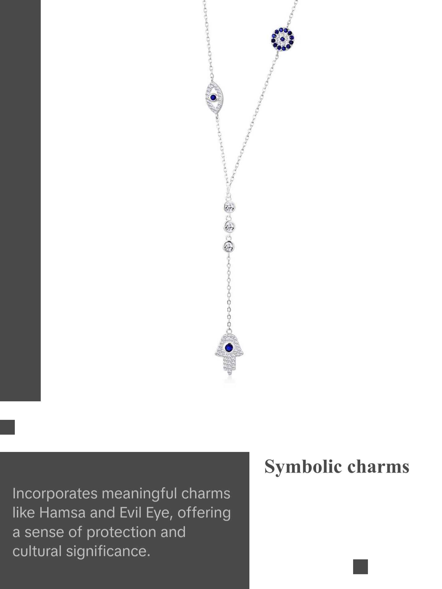 My Daily Styles 925 Sterling Silver CZ Layered Y Necklace with Hamsa, Evil Eye, and Round Eye Charms - Adjustable Chain