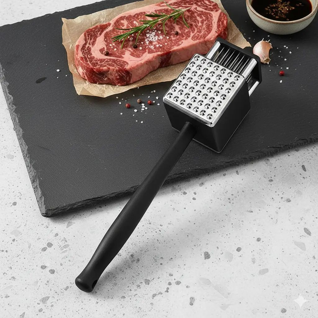 3-in-1 Design Heavy-Duty Stainless Steel Meat Tenderiser Mallet with Handle - Ultra Sharp Needle Blades, Non-Slip Kitchen Utensil for Steak Prep, Restaurant-Quality, Easy Maintenance, 3-In-1 Tool, Deep‑Penetrate Tips Thick