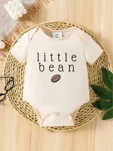 Tomattis Baby Little Bean Slogan & Bean Print Short Sleeve Baby Onesie, Funny Newborn Baby Bodysuit Clothes