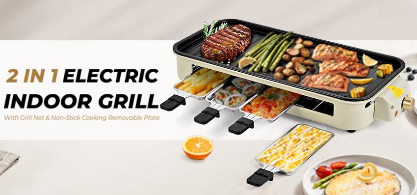 Pukomc ProGrill 2-in-1 Electric Grill | Reversible Grill/Griddle Plate, 1500W Dual-Zone Temp Control, Detachable & Dishwasher Safe, Stainless Steel + Oil Drip Tray