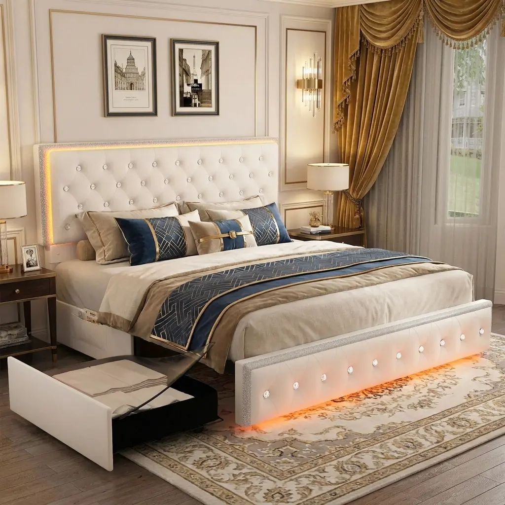 SIBEDS Queen LED Storage Bed Frame with 2 Drawers, Modern Upholstered Bed with Tall Crystal Button Tufted Headboard, Noise-Free, No Box Spring Needed, PU Leather & Velvet, Black & Gray #tiktokshopbacktoschool