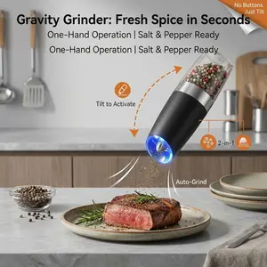 【2-pack】Gravity Electric Pepper Grinder Salt Grinder Pepper Griner Mill Electric with LED Light, Battery Operated, Adjustable Coarseness, Washable 135ml Container