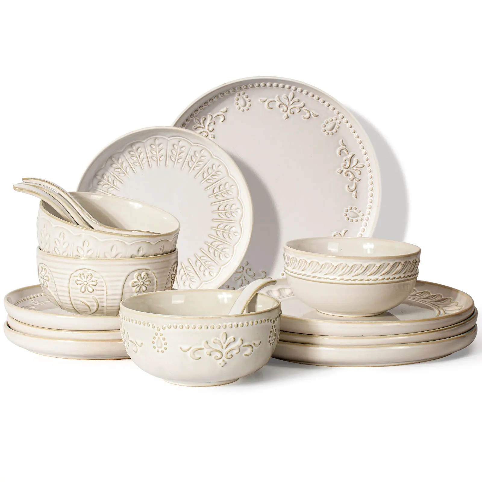 16pcs Dinnerware Ceramic Plates & Bowls ,Dishwasher & Microwave Safe（ Set for 4） Porcelain Dishes Set Tableware Set Cutlery
