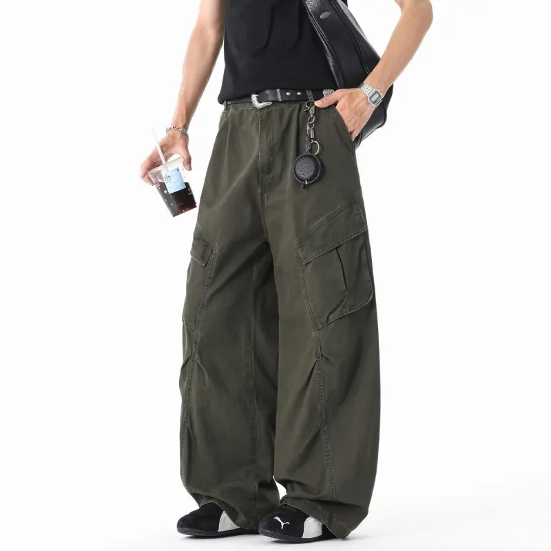 Men's Vintage Pleated Cargo Pants, Heavyweight Casual Outdoor Trouser with Flap Pockets, a Loose Wide-Leg Fit, and Curved Hem for Streetwear, Button, Retro