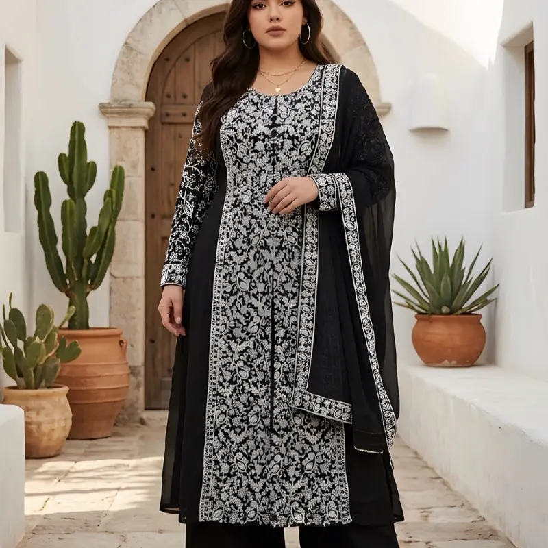 Anarkali Suit in black Georgette Fabric with Mirror Embroidery Pants & Dupatta for Festive Wear Special Occasions Women's Traditional Dress