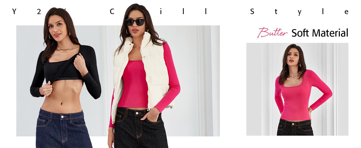 ATTRACO Women's Long Sleeve Square Neck Built-in Bra Top Slim Fit Stretch Fabric Basic T-Shirt Casual Classy Fashion Elegant Casual Classy Fashion Christmas Womenswear