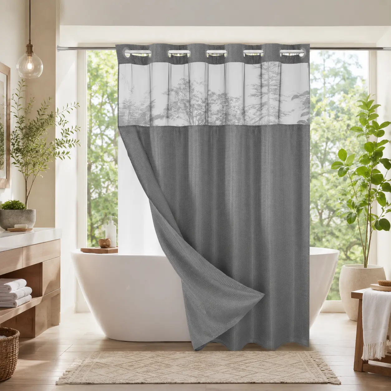 Double Layer Waffle-Pattern Shower Curtain - No Hook Snap-in Liner, Fabric Waterproof Inner & Washable White Outer Cloth, Modern Bathroom Accessory for Home/Hotel/Salon/Dorm, 72x75 Inch
