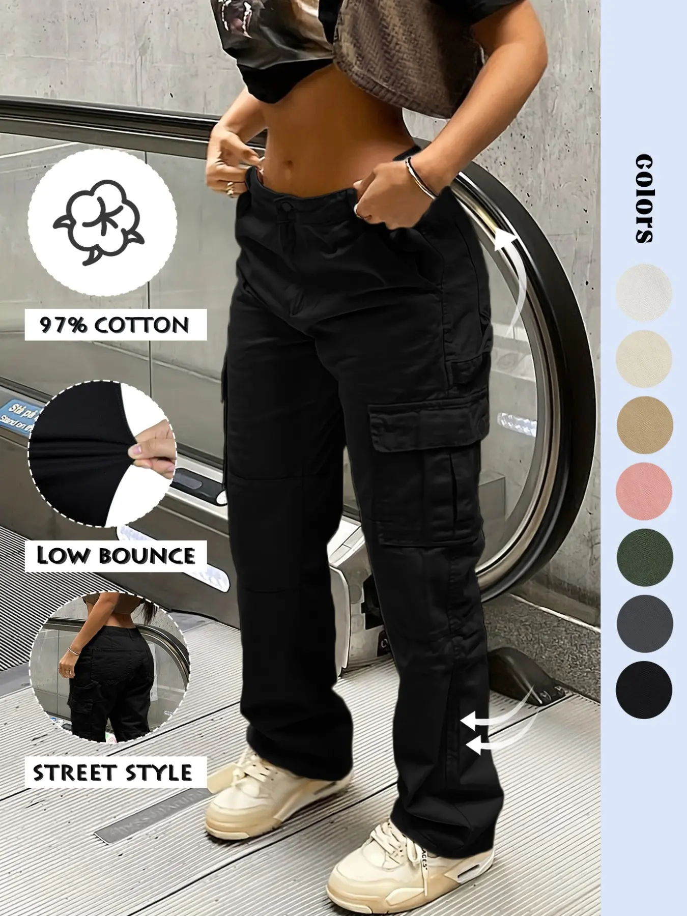 Women's Y2K Style Multi-pocket Button Cargo Jeans, Casual Everyday Streetwear Baggy Loose Oversized Stretchy Cotton Woven Denim Jeans, Button Front Jeans for Daily Wear, Ladies Bottoms Pants for All Seasons, Womenswear