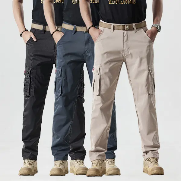Men’s 3-pack stretch, breathable cargo work pants with multiple pockets, abrasion-resistant straight-leg fit, suitable for outdoor hiking, fishing, camping, and travel outfits.