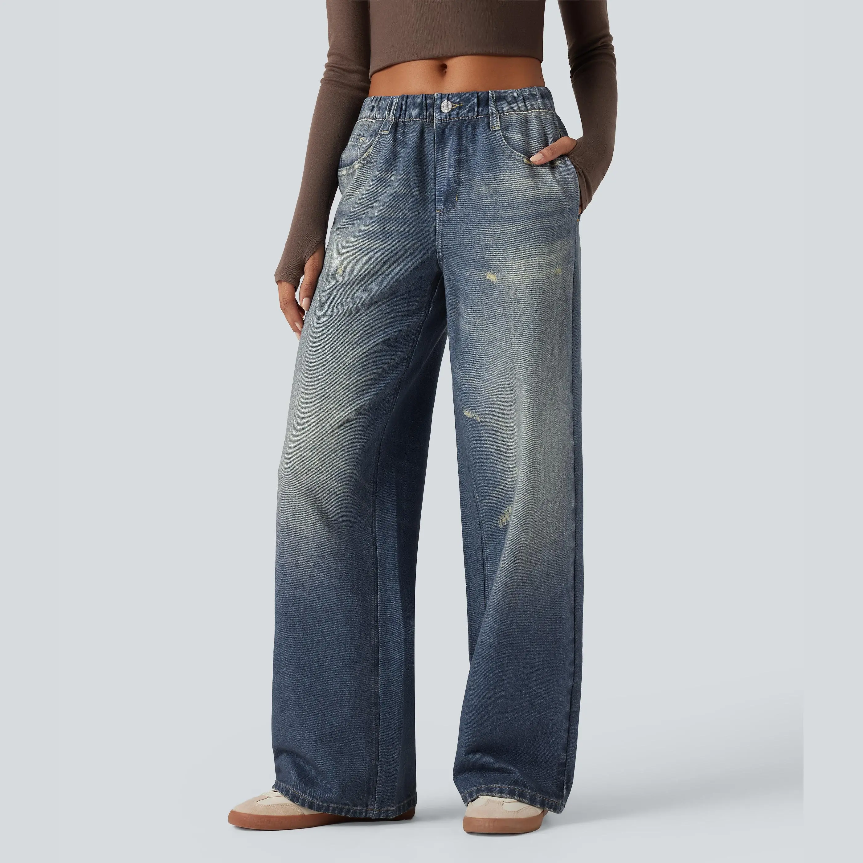 2026 Women's Mid Rise Denim Print French Terry Casual Sweatpants Jeans with Pockets Bottoms Outfits