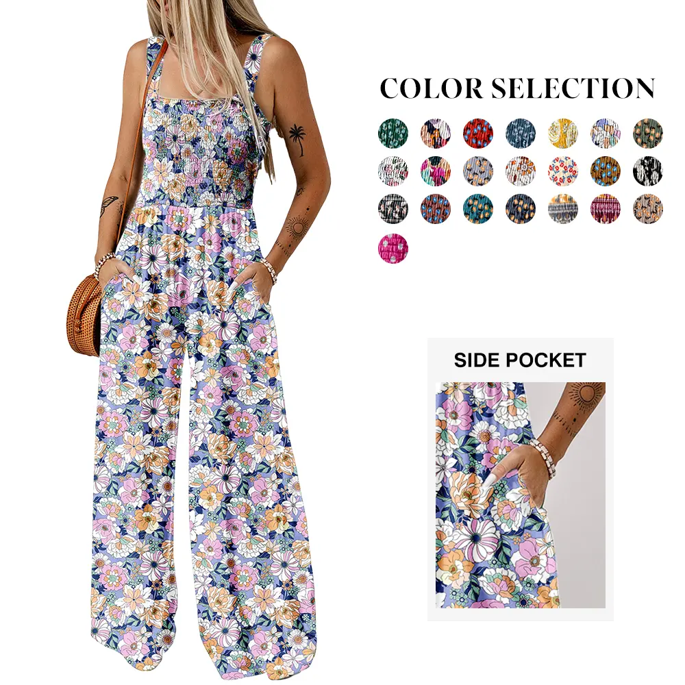 Dokotoo Women's Casual Loose Overalls Jumpsuits One Piece Sleeveless Printed Wide Leg Long Pant Rompers With Pockets Bohemian Womenswear