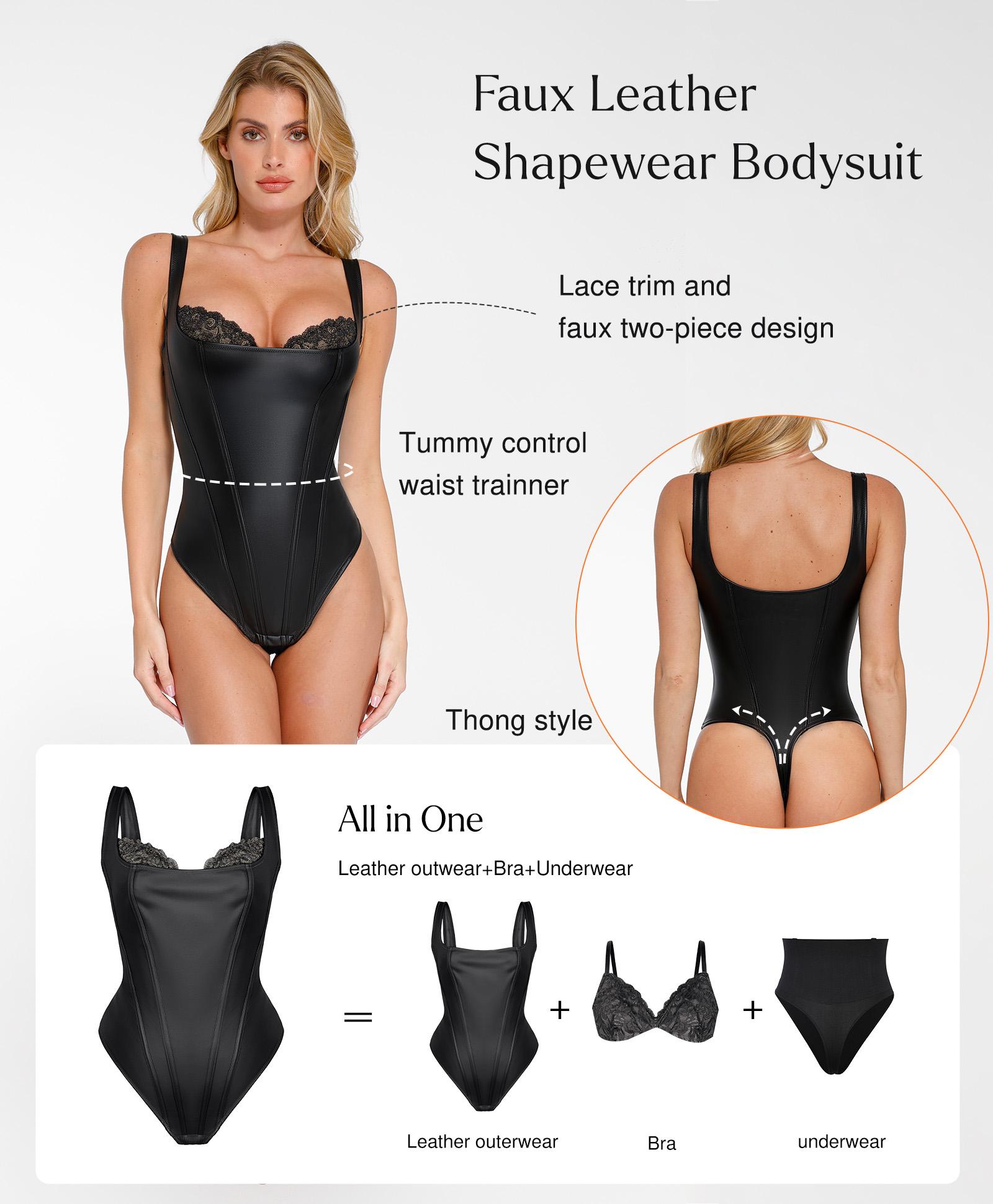【Runs Small】Popilush Basic Faux Leather Corset Top  Supportive Shapewear Bodysuit Lingerie Lace Trim Tummy Control Bustier Sleeveless Womenswear Summervibe