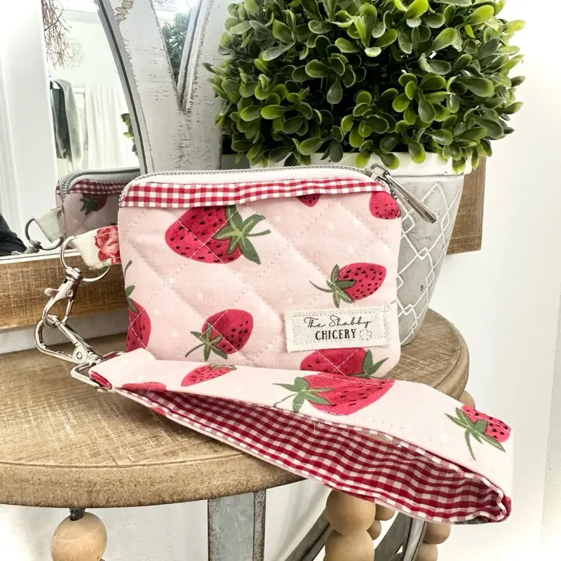 Handmade Quilted Strawberry Wristlet | Card Holder | Wallet