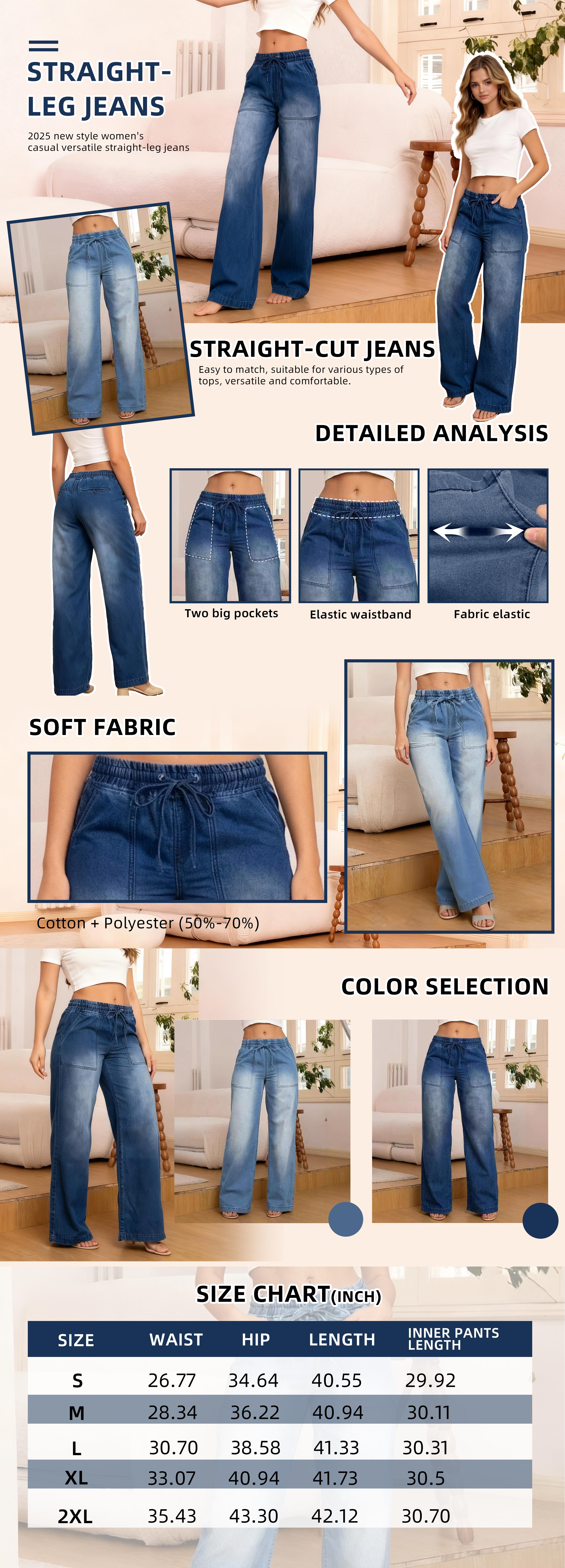 Women's Casual Straight Leg Denim Pants with an Elastic Waist, Simple Streetwear Style with Spliced Pockets in Dark Blue, Lady, Clothes, Outfits, Jeans, Elastic Waist Jeans, Minimalist Chic, Everyday, Essential, Headband, Cotton