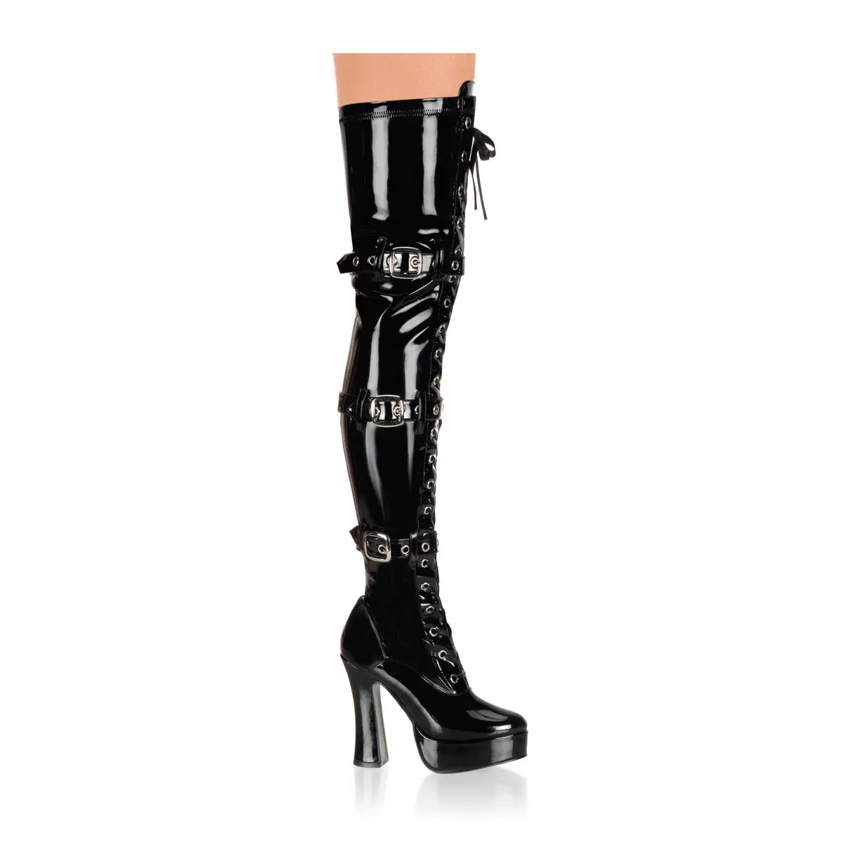 Women's Classic Stretch Thigh High Boots - 5 in Stiletto Heel, 1.5 in Platform Sole, Lace-Up Front, Triple Buckles, Inside Zip, Stretch Fabric, Evening Footwear