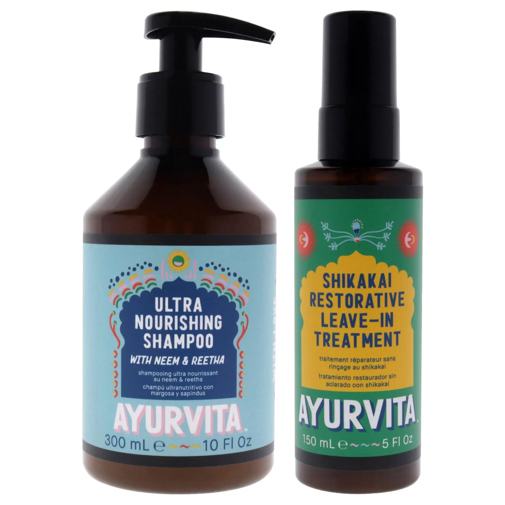 AyurVita Unisex 2-Piece Set Haircare Kit - Neem and Reetha Ultra Nourishing Shampoo (10oz) with Shikakai Restorative Leave-In Treatment (5oz), Two Piece Sets