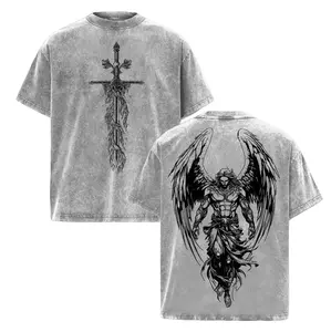 Unisex 100% Cotton Sanctus Michael Archangelus Graphic T-Shirt - Shortleeve, Round Neck, Casual, Flaming Sword & Shield Print, Pre-Shrunk, Super Soft Inspirational Christian Religious Menswear Top