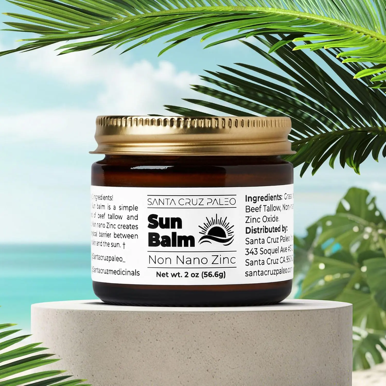 Santa Cruz Paleo Beef Tallow Sun Balm - Natural Mineral Sun Protection for Face & Body with Non-Nano Zinc Oxide - Acne Safe, Sunscreen Free, Unscented, Moisturizer, Non Comedogenic, Organic Balm (2 oz)