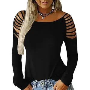 Cicy Bell Women's Long Sleeve T Shirts Plain Hollow Out Sexy Boat Neck Blouses Tops  Womenswear Fitted Basic Casual