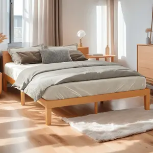 Queen Size Wood Platform Bed Frame-12 Inch Solid Wood Queen Bed Frame with Slat Support, No Box Spring Needed, Easy Assembly-Rustic Pine Quee Size Wood Platform Bed Frame with Headboard, Solid Acacia Wood Platform Bed Frame, Wooden Slats Supported Bed Bas