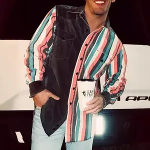 Men's Western Cowboy Style Vintage Print Loose Fit Long Sleeve Shirt Striped Casual Button-Up Fall Top Streetwear