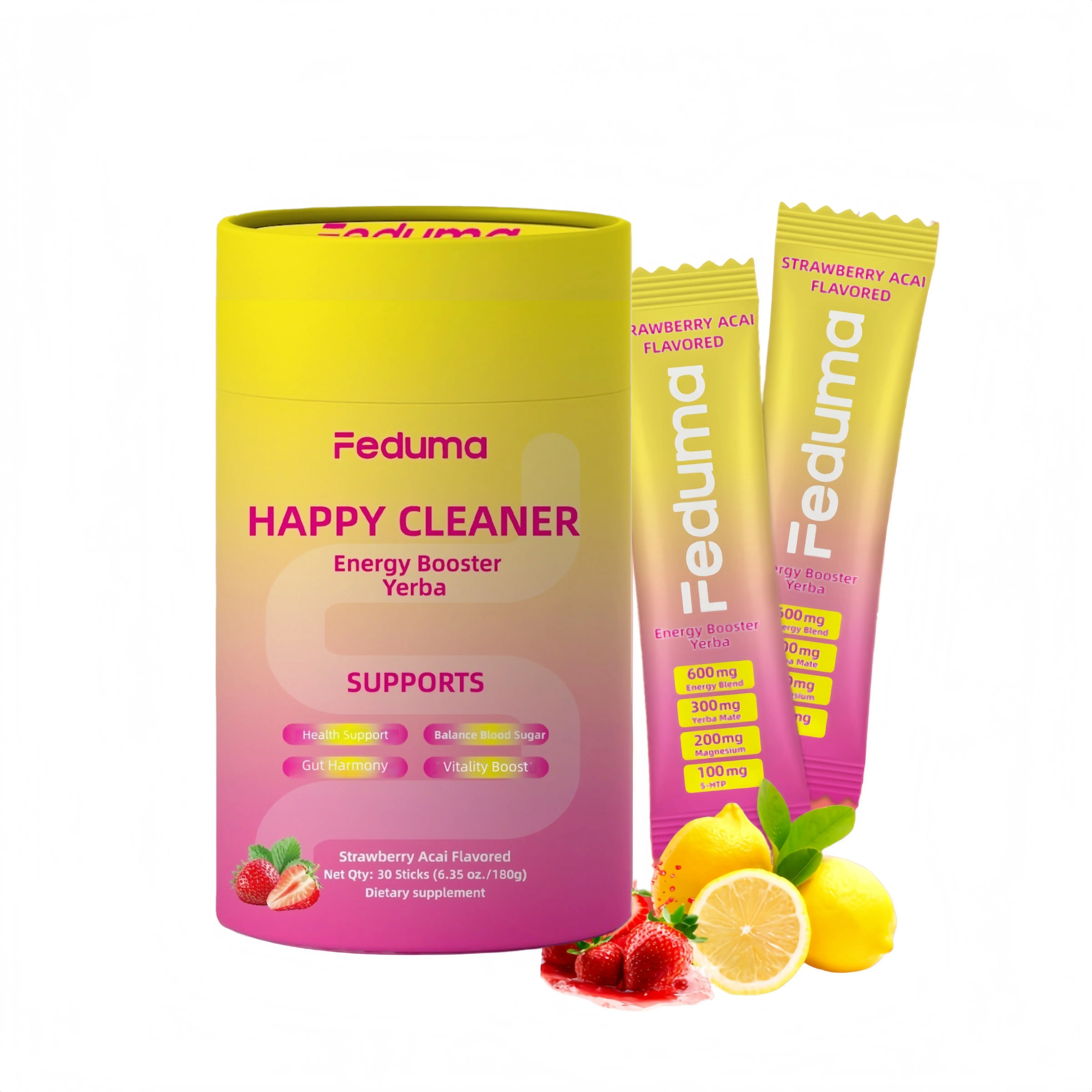 Feduma Happy Cleaner Drink Mix Strawberry Flavor Natural Berberine Chromium 5-HTP Yerba Mate Magnesium  30 Sticks