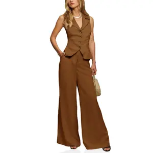 Cicy Bell Womens Vest Sets Summer 2 Piece Outfits Button Crop Blazer Vest and Wide Leg Pant Suits Chic Casual Beige Basic Elegant Dressy Workwear