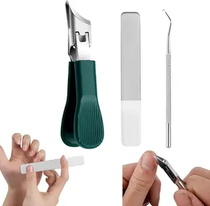 Green Nail Care Tool Set-Includes Thick NailClipper, Ingrown Nail Lifter & Nail FilelBeveledEagle Beak Design, Large Opening, Anti-Splashfor Thick & Hard Nails