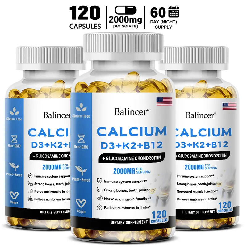 3 bottles of calcium and various vitamin supplements to support bone and joint health.
