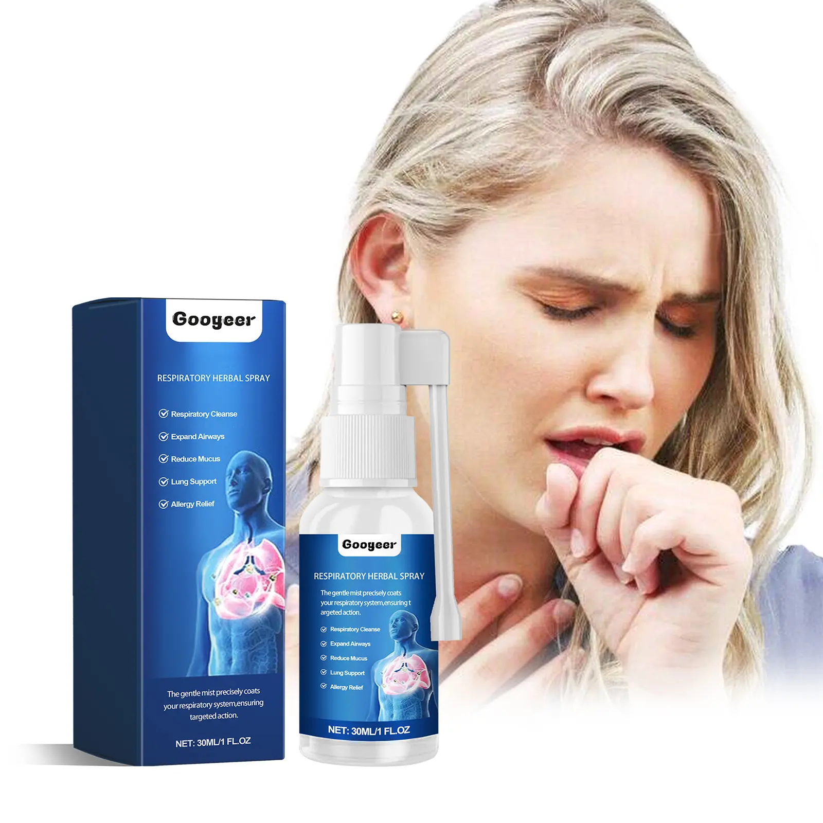 Googeer Respiratory Herbal Spray, Relieve Itchy Throat Dry Throat, Coughing Up Phlegm Breathe Unobstructed Throat Care Not Spray Promotes Clear Breathing, Natural Throat Care Spray