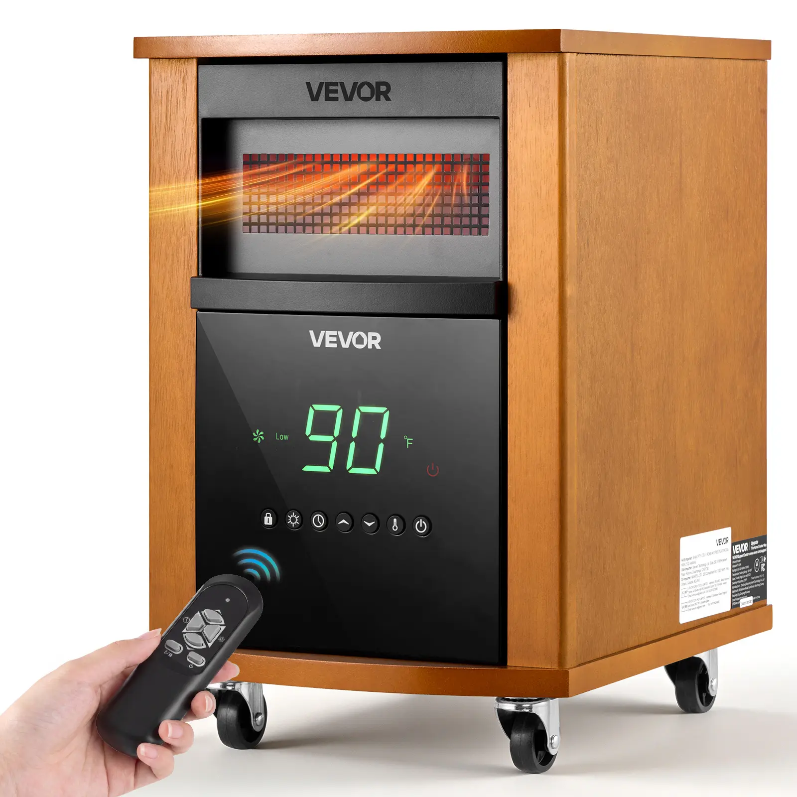 VEVOR Compact 1500W Infrared Electric Space Heater, Light Wood Premium MDF, Remote Control, 3 Heat Settings, 12H Timer, Overheat Shut-Off, Portable Wheels, for Indoor Bedrooms, Offices, 1500W Power