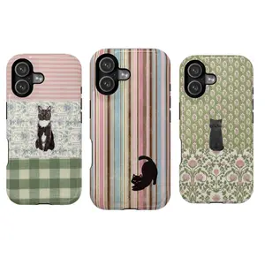 Aesthetic Tuxedo Cat Patchwork Phone Case |   Vintage Floral & Gingham Design |   Pink Striped Coquette Accessory |   Cover for IPhone 17 16 15 14 13 12 11 Max Pro Samsung galaxy Ultra 22 23 24 25 26