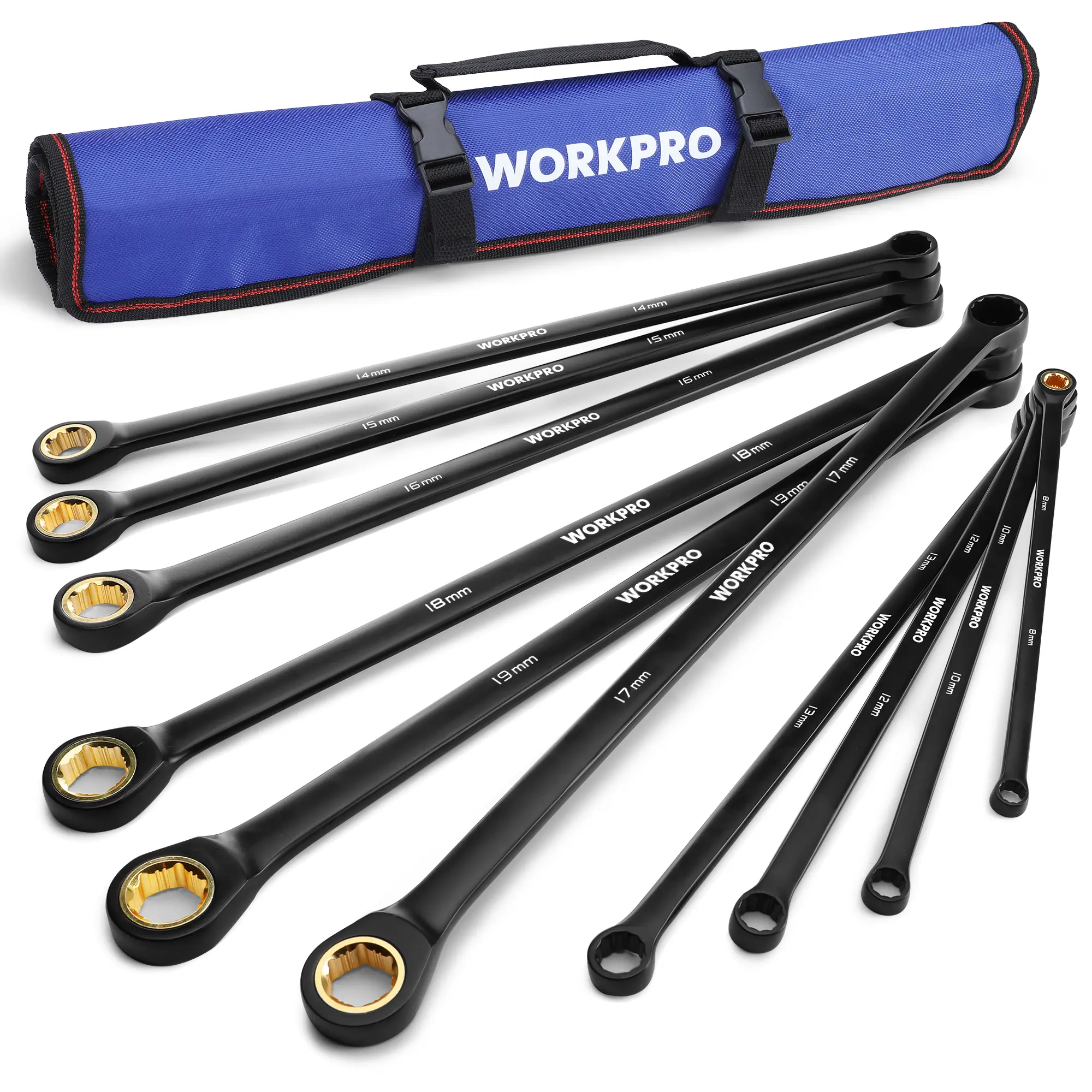 #toolupgrade WORKPRO Extra Long Ratcheting Wrench Set, Anti-Slip Double Box Wrenches Set, 72-Teeth, Cr-V Steel and Black Electrophoretic Coating Wrenches with Rolling Pouch