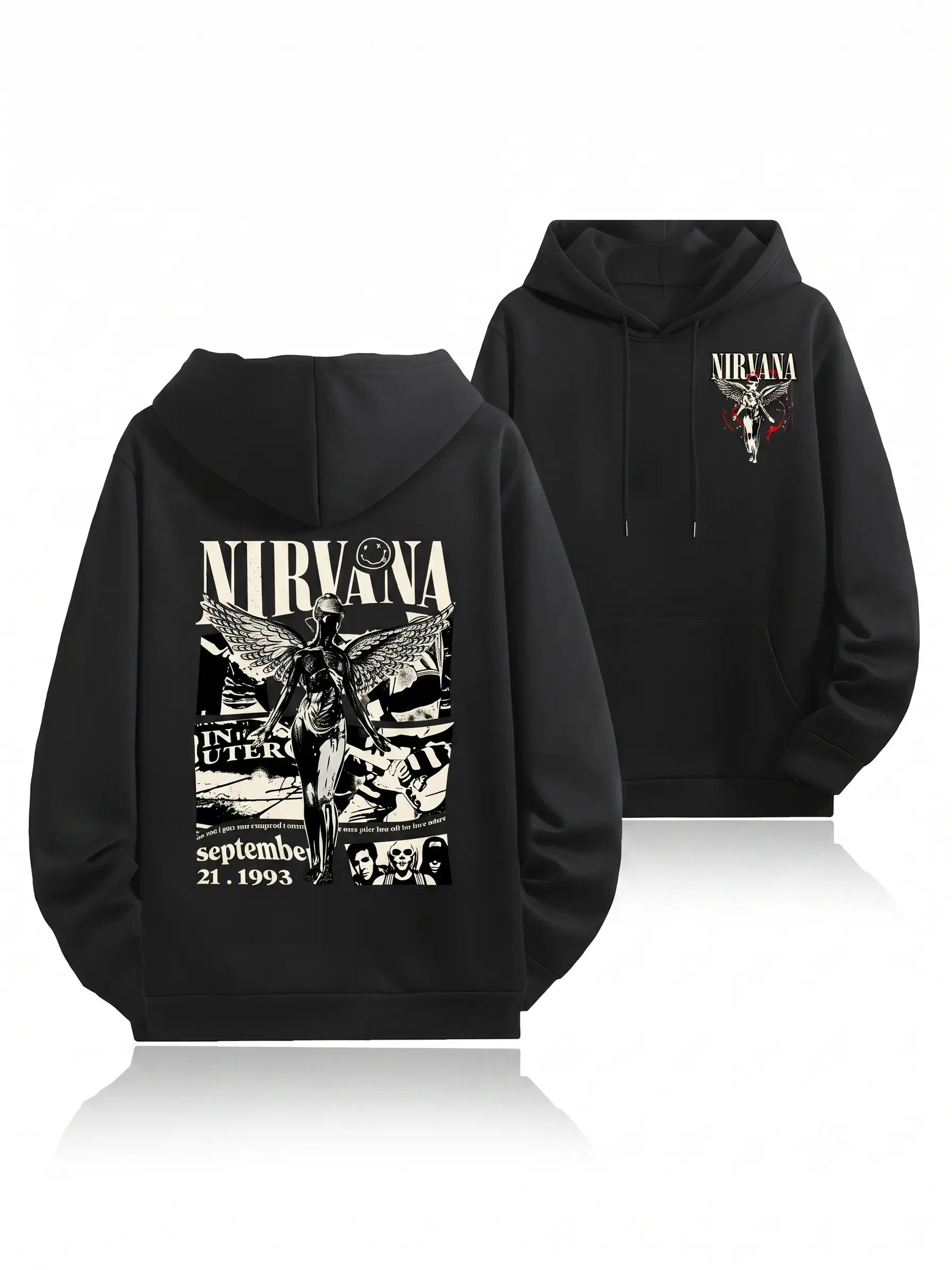 Men's Nirvana In Utero Retro Band Graphic Hoodie - Grunge Rock Vibe Casual Long Sleeve Tops, Cotton-Polyester Loose Midi Menswear Sweatshirts, Ideal for Autumn-Winter Concert Outings, Cold Machine Wash