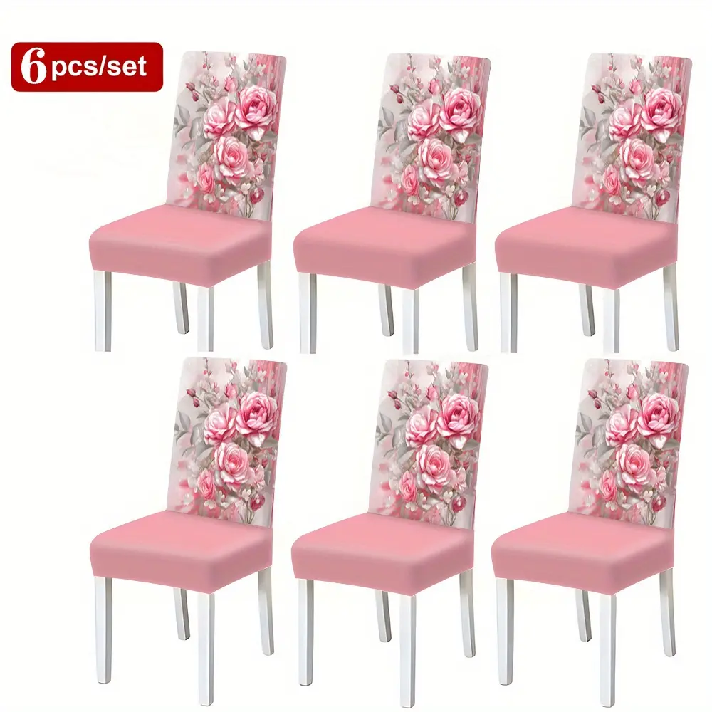 Pink Floral Printed Chair Covers Set, 2/4/6pcs Stretch Chair Slipcovers, Removable & Washable Protectors for Kitchen Dining Rooms, Home Decor
