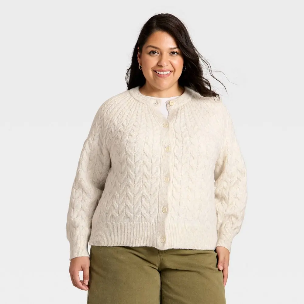 Women's Button-Front Cable Knit Cardigan Sweater - Ava & Viv, Knitwear Outerwear Garment with Quality Fabric, Versatile Layer for Blouses
