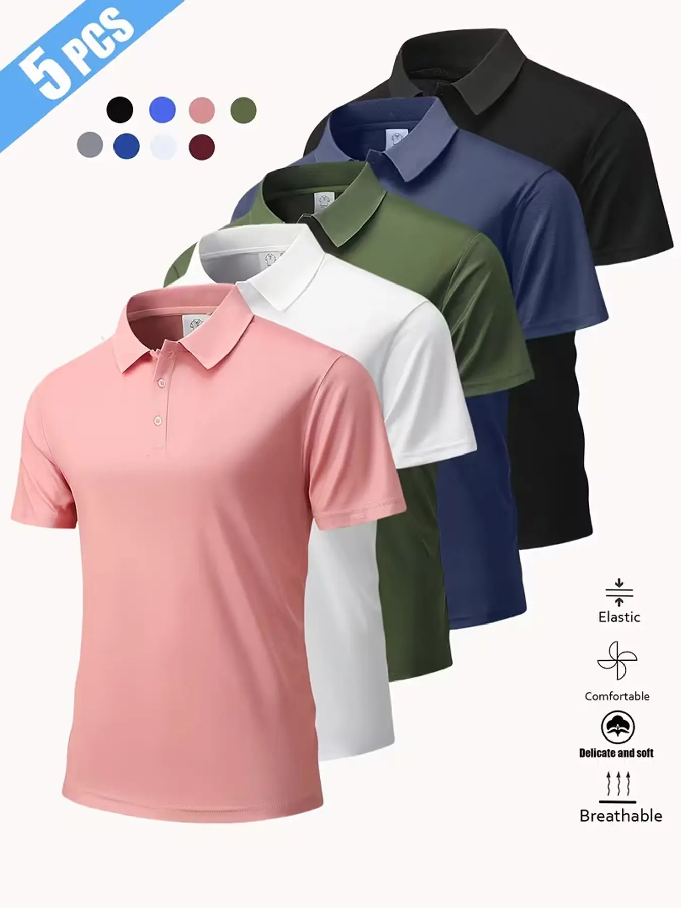 5-Pack Solid Color Micro-Stretch Polo Shirts, Casual Fashion, Fitness Casual Wear, Breathable Lightweight, Breathable Sportswear Top, Breathable Workout Top, Casual Workout Tops, Breathable Athletics, Perfect for Sports and Outdoors, Pullover Design