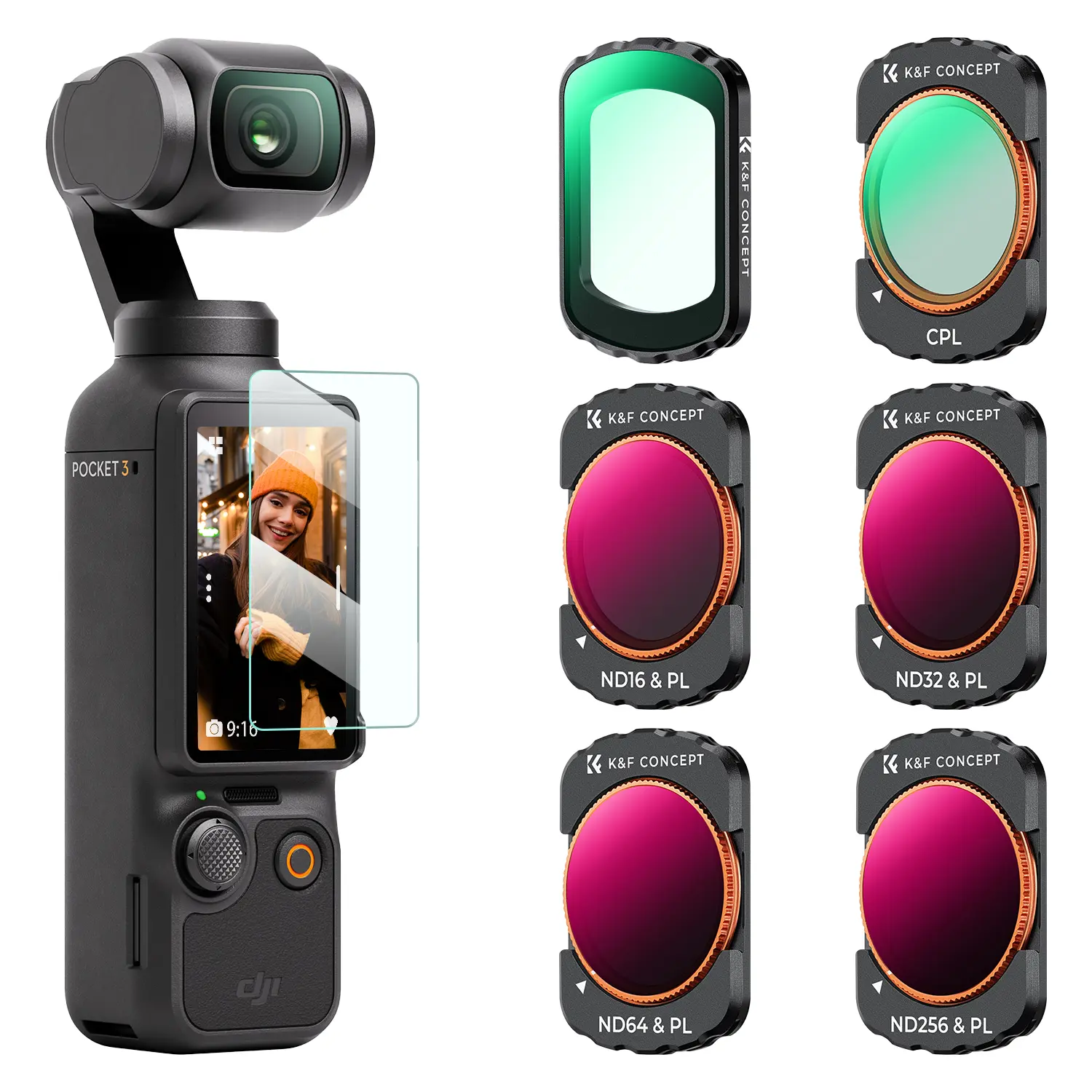 【K&F CONCEPT】UV/CPL/ND Filter Set Compatible with DJI Osmo Pocket 3/XTRA, 6 Pack Magnetic UV+CPL+ND16/PL+ND32/PL+ND64/PL+ND256/PL Protection Polarizer Neutral Density Filters, Multi Coated HD Optical Glass
