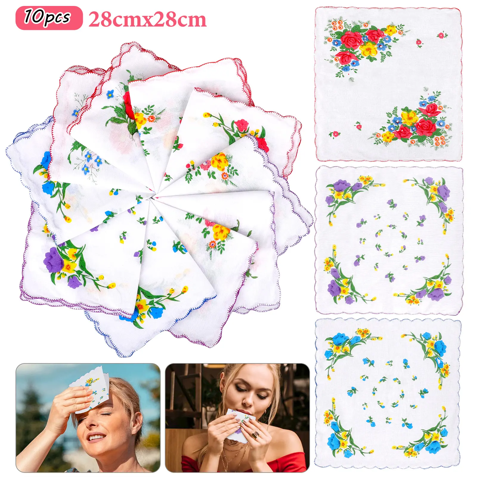 10Pcs Vintage Cotton Ladies Handkerchiefs - 11Inch Floral Print Hankies for Women,Portable Square Hanky,Wavy Edge Pocket Tissue  for Wedding Party Gifts