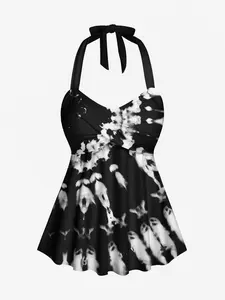 Rgothic Plus Size halter top women's clothes Tie Dye Ombre Print Hawaii Twist Halter Backless Tankini Top for Women High Stretch Polyester Swimwear, High-Stretch Fabric, Tie-Dye Pattern
