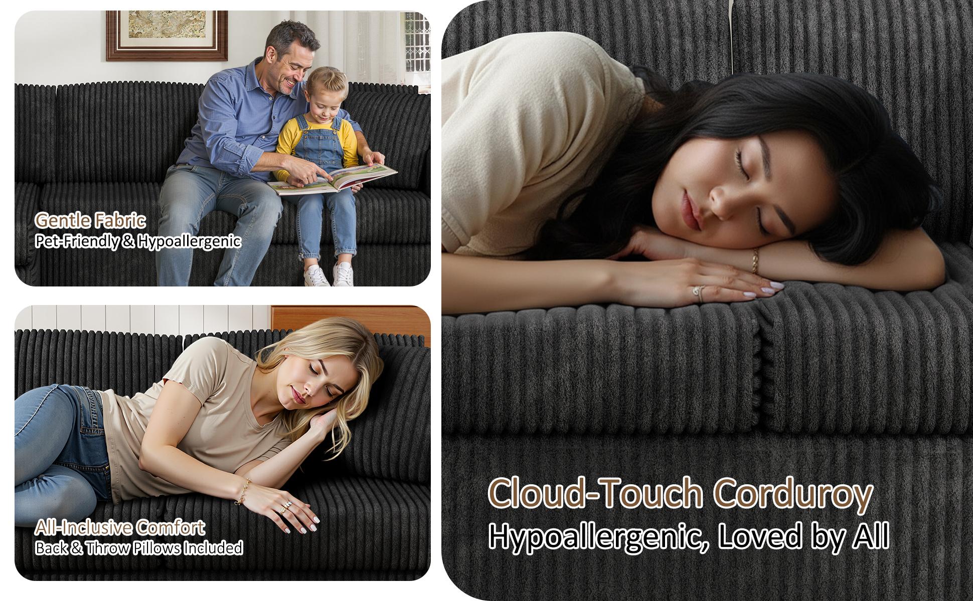 Walsunny 104" Cloud Sectional Couch L-Shape Chaise Modular Sofa in Plush Corduroy Fabric for Living Room & Bedroom No Assembly Required Black Upholstered Couches