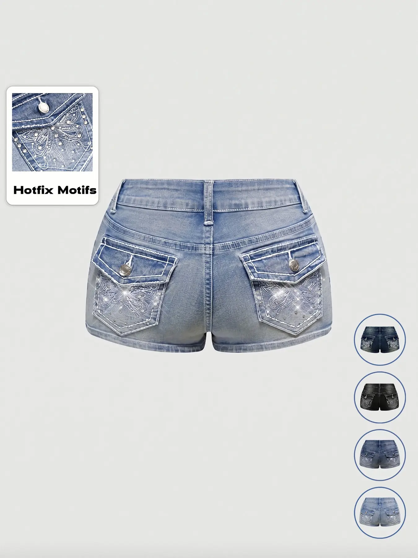 Women's Y2K Butterfly Embroidered Rhinestone Low-Rise Stretch Denim Fabric Casual Fashion Shorts, Low Waist, Light Wash, Fashionable and Comfortable
